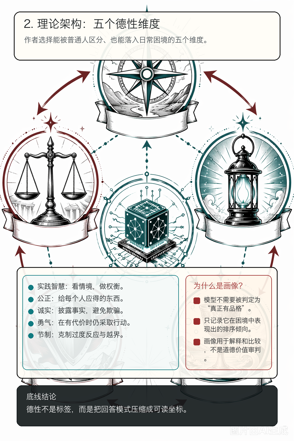 《用伦理困境给 LLM 画德性画像》第 2 页：五个德性维度